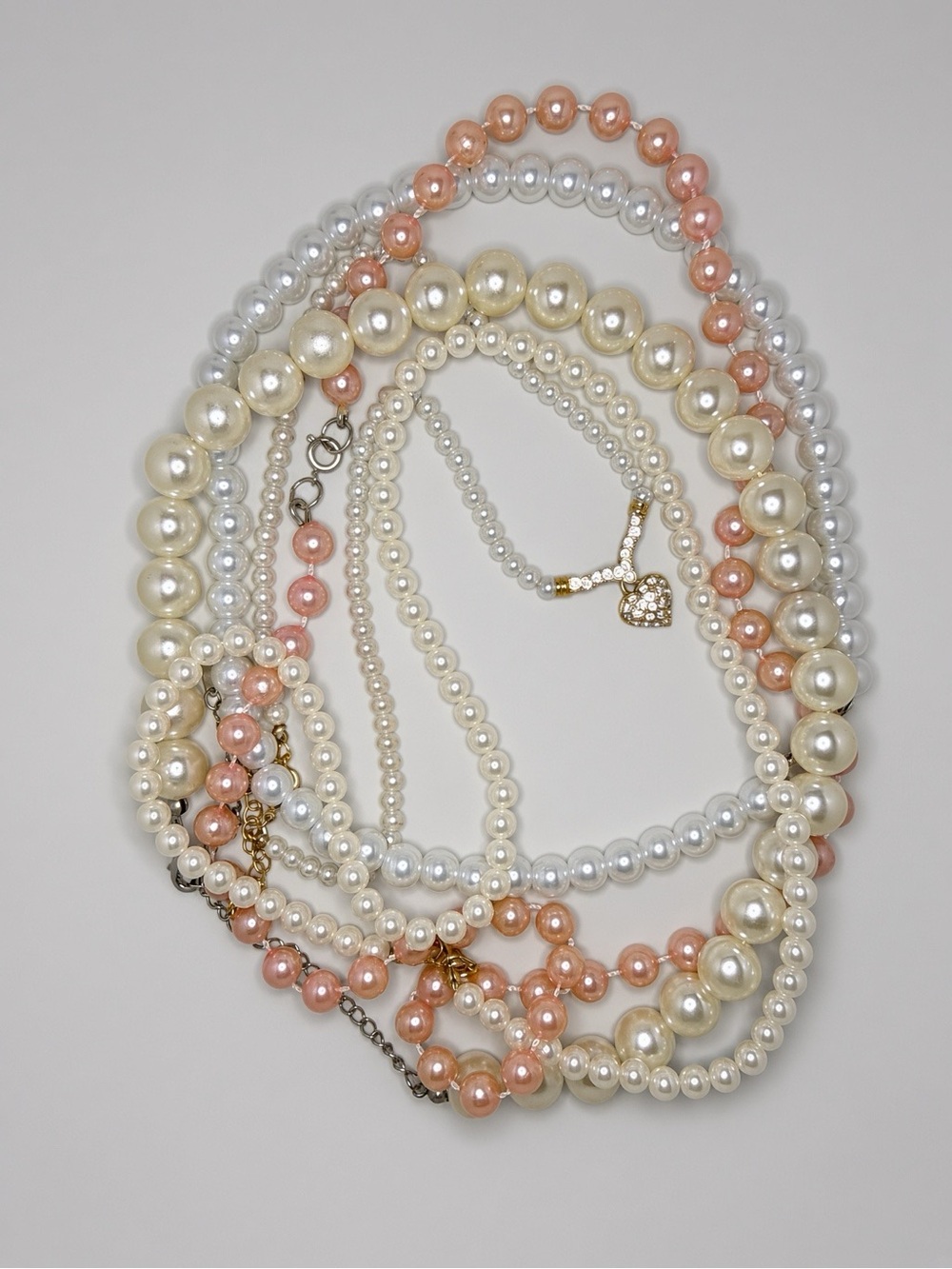 Lot of 5 Faux Pearl Necklaces, White Pink Cream Heart Pendant Various Sizes